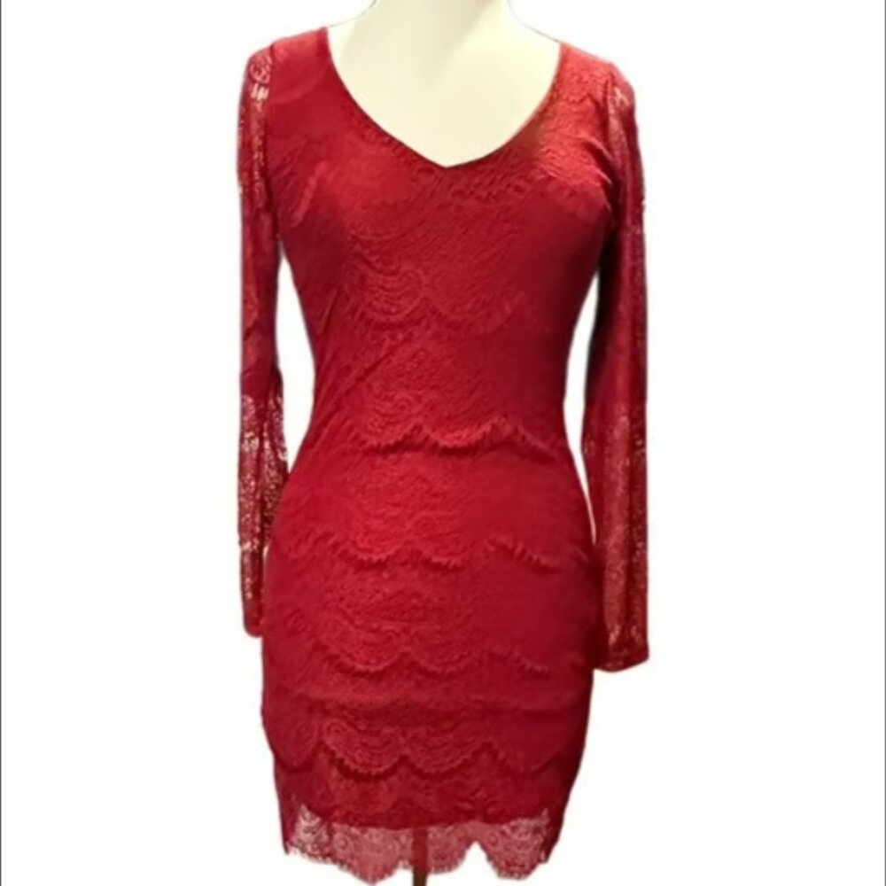 Forever 21 Red Lace Long Sleeve Bodycon Mini Dress V-Neck Breathable Stretch NEW - Picture 2 of 10